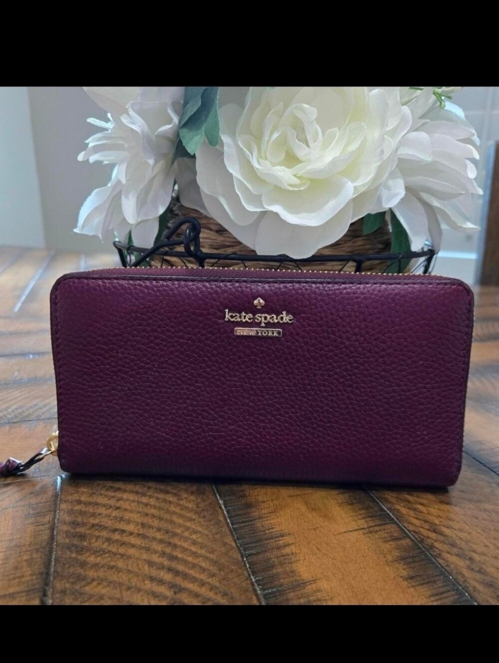 Kate Spade Plum Pebbled Leather Zip-Around Wallet with Gold Logo